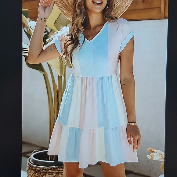 077. Multicolor Striped Color Block Tiered Mini Dress  Size M - Picture 3 of 16